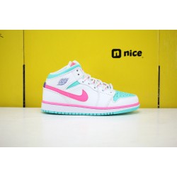 Nike Air Jordan 1 Mid GS Digital Pink Womens Basketball Shoes White Pink Green 555112-102